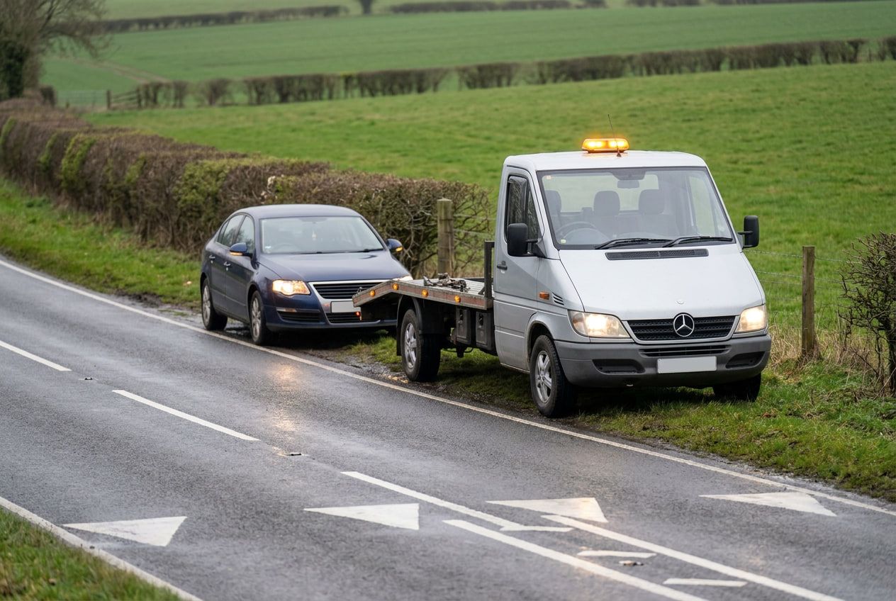 The recovery truck pulled up behind a broken-down car on the verge of a rural A-road